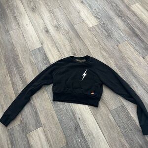Aviator Nation Black Cropped Crew Sweatshirt with White Lightning Bolt